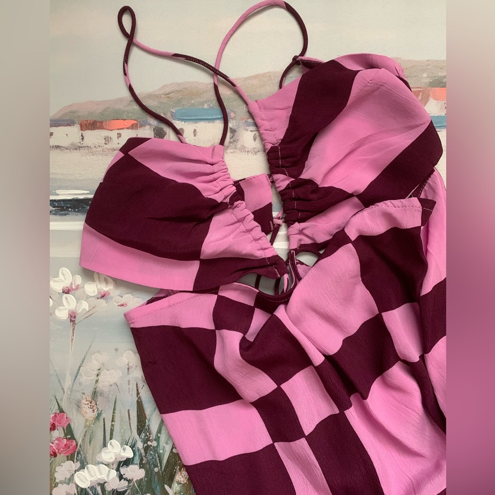 Pink Checkered Midi Summer Dress Midriff Cutout Valentines 💕
